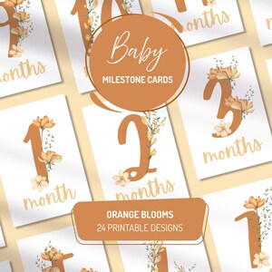 Cartões de marcos do bebê para impressão - Flores botânicas de laranja - A5 e 6 x 4 polegadas - Download digital