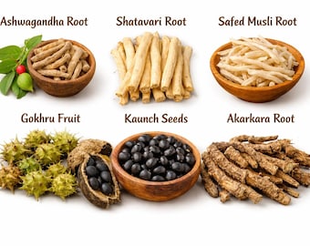 Kräuterkombination: Organisches TsA- Shatavar, Gokhru, Safed Musli, Kaunch-Samen, Ashwagandha, Akarkara