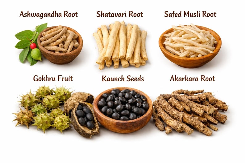 May include: An image showcasing six different types of herbs and roots. The image includes Ashwagandha Root, Shatavari Root, Safed Musli Root, Gokru Fruit, Kaunch Seeds, and Akarkara Root. Each is displayed in a wooden bowl or on a white background.