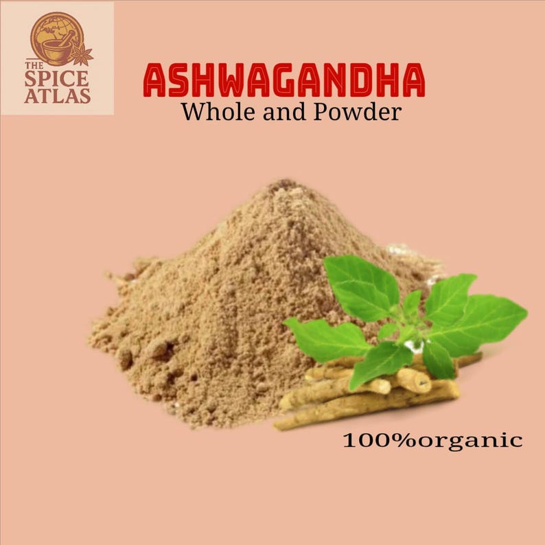 May include: Image of ashwagandha powder and whole roots with green leaves. The text on the image reads "ASHWAGANDHA Whole and Powder" and "100% organic". The Spice Atlas logo is in the upper left corner.