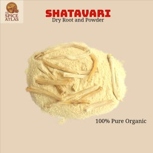 K&ouml;nnte beinhalten: Ein beiges Pulver- und Trockenwurzelprodukt mit der Aufschrift "SHATAVARI Dry Root and Powder" und dem Text "100% Pure Organic". Das Logo von The Spice Atlas befindet sich in der oberen linken Ecke. Das Produkt hat eine hellbeige Farbe.