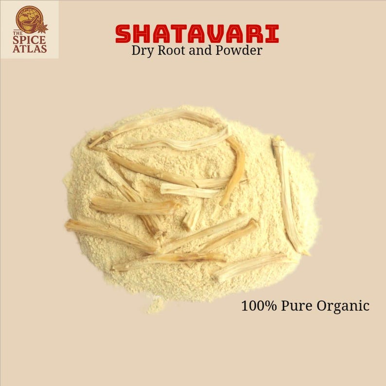 K&ouml;nnte beinhalten: Ein beiges Pulver- und Trockenwurzelprodukt mit der Aufschrift "SHATAVARI Dry Root and Powder" und dem Text "100% Pure Organic". Das Logo von The Spice Atlas befindet sich in der oberen linken Ecke. Das Produkt hat eine hellbeige Farbe.