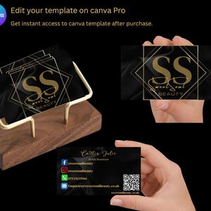 Luxe zwart-goud digitaal visitekaartje met aanpasbare QR-code | Moderne virtuele kaart voor schoonheidsprofessionals | Bewerkbare sjabloon
