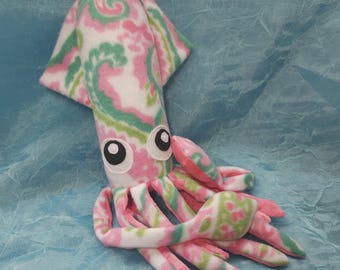 Melinda the Pink and Green Paisley Fleece Squid Plush Stuffed Ocean Marine Animal