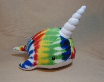 Four Color Red Blue Green and Yellow Tie Dye Fleece Narwhal Plush Stuffed Animal