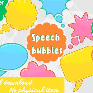 Puede incluir: Un gráfico de descarga digital con burbujas de diálogo coloridas en varias formas y colores, incluyendo amarillo, azul, rosa y naranja. La imagen incluye el texto "Speech bubbles" y "Digital download".