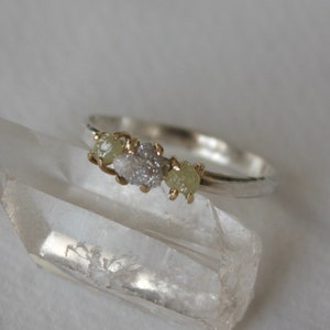 Raw Rough Diamond Ring, Multi Diamond Ring, SOLID 14k Gold and Silver RingMix Metals Ring, Light Grey Yellow Diamond Ring, Genuine Diamond