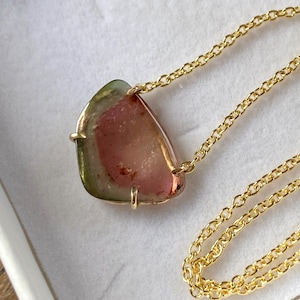 BESTSELLER Tweekleurige watermeloen toermalijn kettinghanger, veelkleurige toermalijn kettinghanger, oktober geboortesteen ketting, cantikjewelry