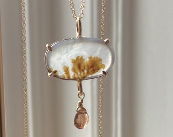 Dendritic Agate and Color Change Garnet Pendant Necklace; Landscape Shazar Stone