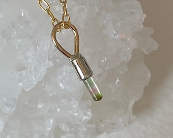 Raw Watermelon Bicolor Tourmaline Pendant Necklace; October Birthstone, Natural Pink and Green Gemstone