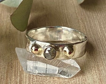 Brown Salt and Pepper Diamond Ring, Solid 14k Gold and Sterling Silver