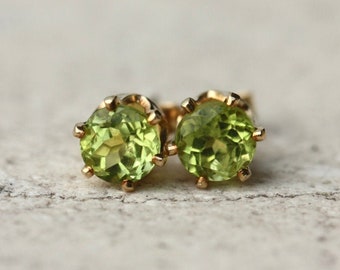 Peridot Stud Earrings, August Birthstone Stud Earrings, Green Gemstone Stud Earrings, 14k Gold