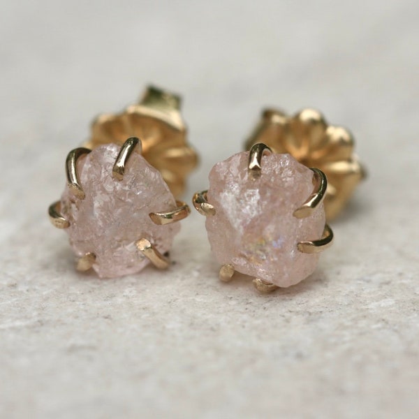 Morganite Earrings, Raw Unpolished Natural Peachy Pink Morganite Stud Post Earrings