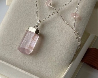 Pink Kunzite Necklace Pendant; Natural Gemstone, Sterling Silver