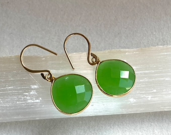 Chrysoprase Chalcedony Earrings; Checkerboard Cut Natural Gemstones