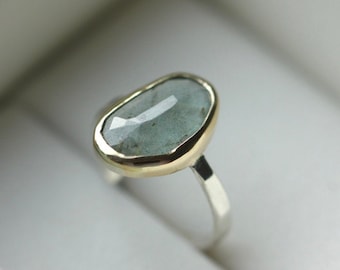Moss Aquamarine Ring; SOLID 14k Gold and Sterling Silver, Natural Gemstone, March Birthstone