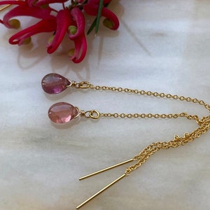 Raspberry Pink Tourmaline Threader Earrings, October Birthstone Earrings, Long Tourmaline Earrings, Pink Tourmaline Jewelry, Cantikjewelry