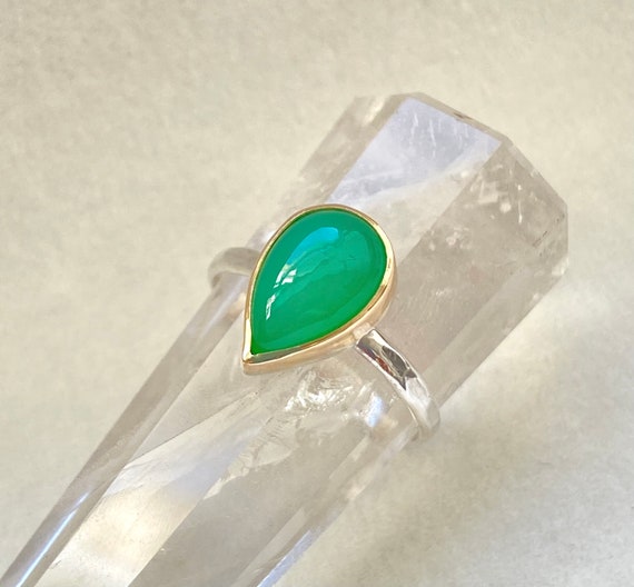 Natural Australian Chrysoprase Ring; Solid 14k Gold and Sterling Silver, Green Gemstone