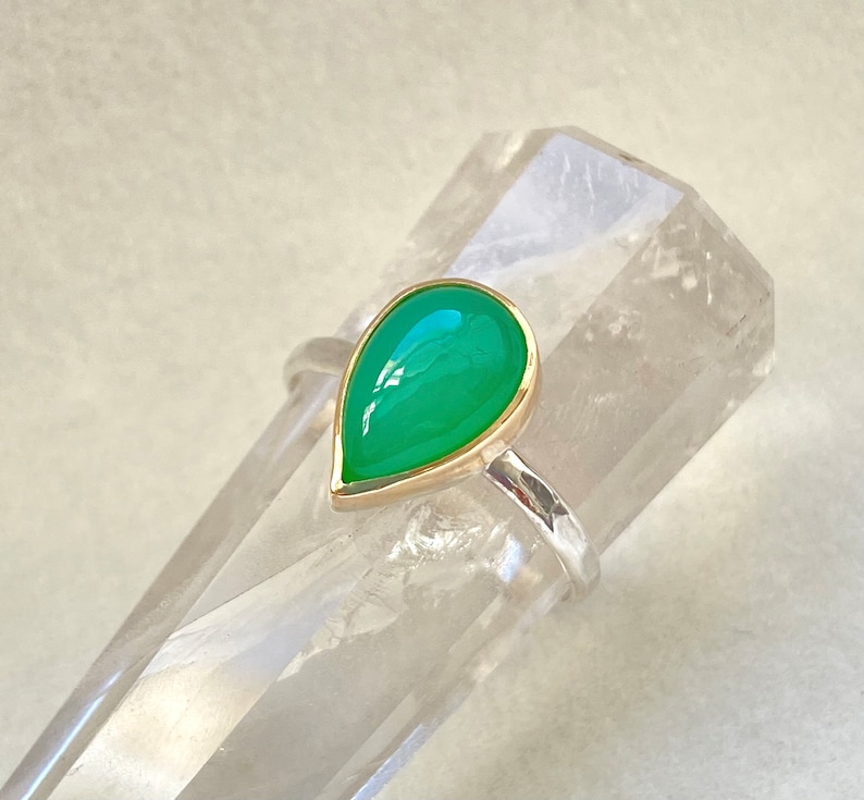 Natural Australian Chrysoprase Ring; Solid 14k Gold and Sterling Silver, Green Gemstone image 1