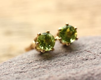 Natural Peridot Stud Earrings; SOLID 14k Gold, August Birthstone
