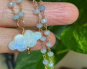 Rainbow Moonstone Cloud and Blue Chalcedony Pendant Necklace