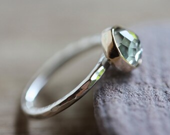 Soft Sage Green Amethyst Ring; Natural Rose Cut Prasiolite, February Birthstone