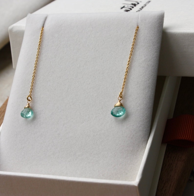 Neon Blue-Green Apatite Ear Threaders 14k Gold Filled