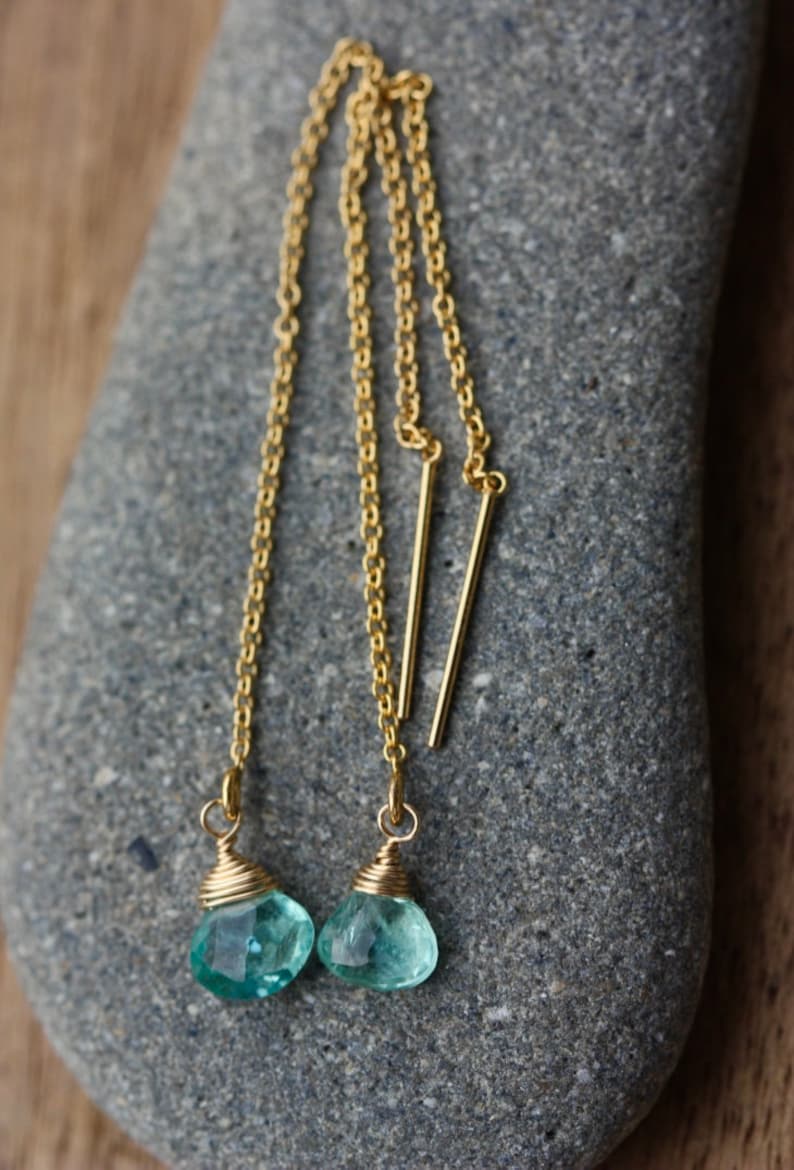 Neon Blue-Green Apatite Ear Threaders 14k Gold Filled