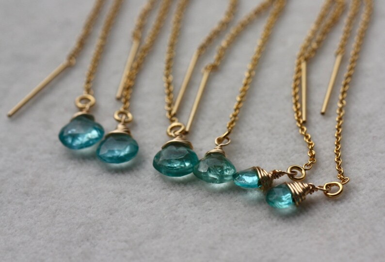 Neon Blue-Green Apatite Ear Threaders 14k Gold Filled
