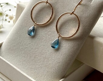 London Blue Topaz Textured Hoop Earrings; November Birthstone