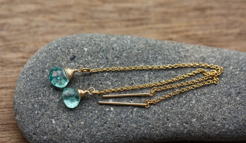 Neon Blue-Green Apatite Ear Threaders 14k Gold Filled