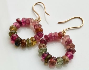 Watermelon Tourmaline Beaded Hoop Earrings, Tourmaline Circle Earrings, October Birthstone Earrings