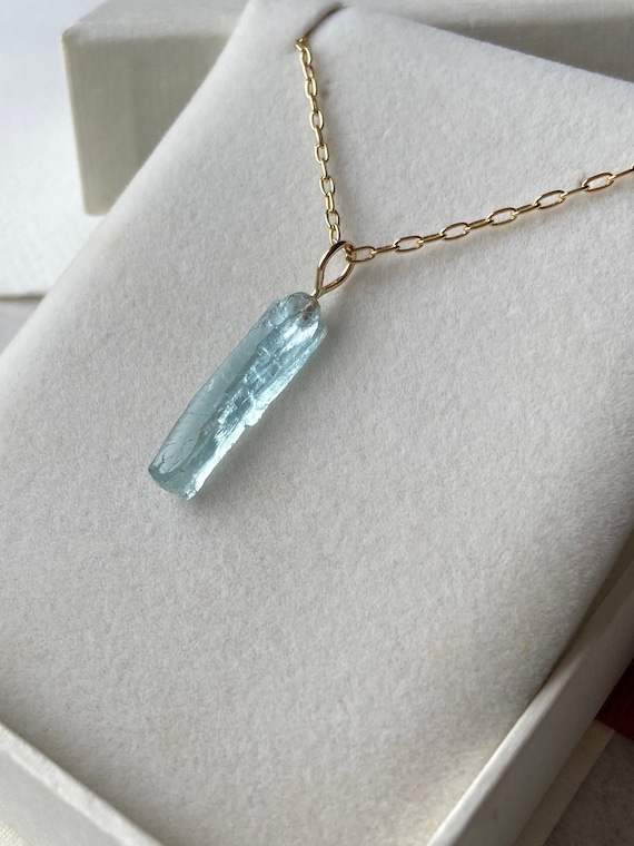 Raw Aquamarine Pendant Necklace, Blue Rough Aquamarine