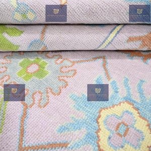 Handmade Pastel Pink Oushak Rug: Turkish Wool Floral Carpet
