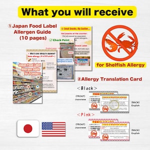May include: Image of a Japan Food Label Allergen Guide for travelers, including a 10-page guide and an allergy translation card. The guide features information on nut allergies and shellfish allergies, with a warning symbol for shellfish.