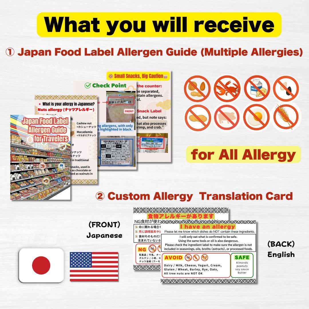 日本向けカスタム食物アレルギーカード + 食品ラベルガイド