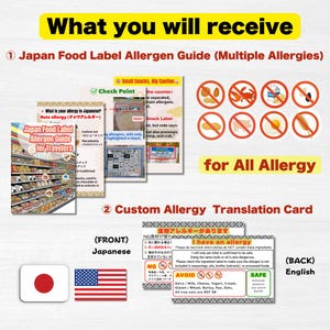 日本向けカスタム食物アレルギーカード + 食品ラベルガイド | レストラン向け英語・日本語翻訳