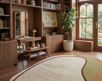 Geometric Beige Hand-Tufted Wool Round Rug Modern Carpet Design