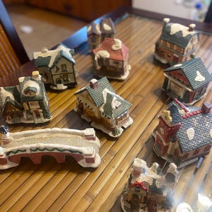 vintage Christmas village ceramic houses, church, hotel, school, bridge