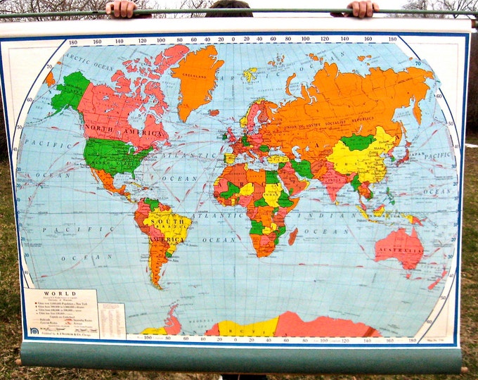 Vintage Pull Down Canvas World Map Etsy