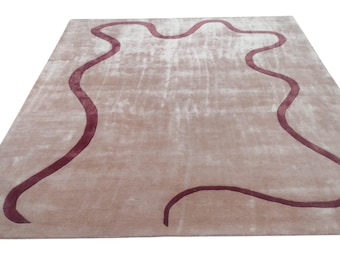 Alfombra de seda tejida a mano: diseño de líneas onduladas color burdeos, lujo moderno 8x10 9x12