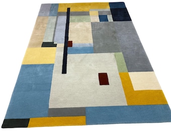 Alfombra de lana tejida a mano / Diseño geométrico moderno de mediados de siglo