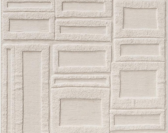Hand-Knotted Ivory Wool Rug: Modern Geometric Design, Soft Texture