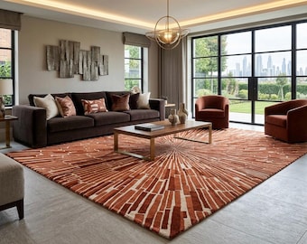 Hand-Tufted Wool Sunburst Rug, Terracotta Rust Cream Abstract Carpet