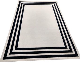 Modern Black Border Hand Tufted Rug – Minimalist Ivory Wool Area Carpet