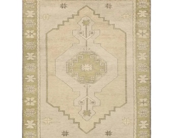 Hand Knotted New Zealand Wool Rug, Ivory Sage Green Geometric Oushak Carpet