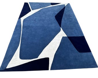Hand-Tufted Abstract Wool-Silk Rug – Navy Blue Modern Carpet