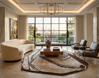 Contemporary Hand Tufted Wool & Silk Rug – Artistic Irregular Shape Carpet