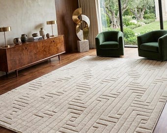 Modern Geometric Hand Knotted Rug, Soft Wool Ivory Carpet, Minimalist Decor Rug