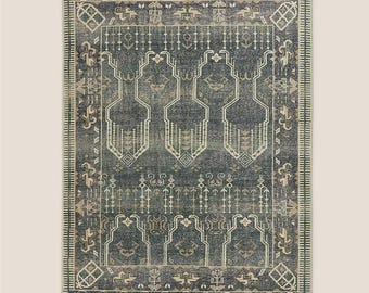 Hand Knotted Oushak Wool Tribal Rug, Charcoal Grey Moroccan Boho Carpet